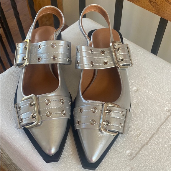 Silver Buckle Flats edgy metal hardware pointed toe sling back 11.5 42EU new - Picture 1 of 4